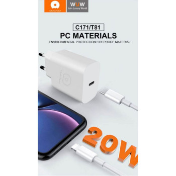 WUW T81 Зарядно с кабел PD20W Type-C към Type-C - Черен