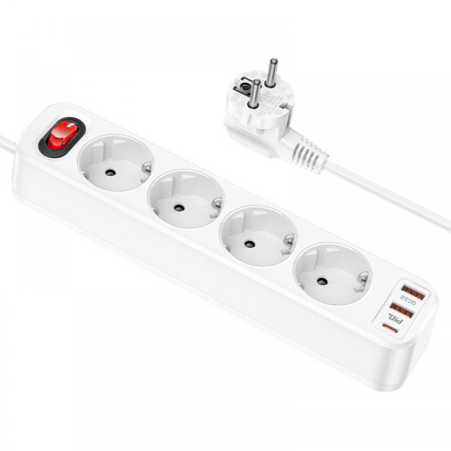 HOCO Разклонител NS1 с 4 гнезда+2 USB порта 2.4A+1 USB-C 4000W HOCO Разклонител NS1 с 4 гнезда+2 USB порта 2.4A+1 USB-C 4000W