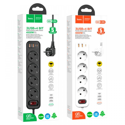 HOCO Разклонител NS1 с 4 гнезда+2 USB порта 2.4A+1 USB-C 4000W HOCO Разклонител NS1 с 4 гнезда+2 USB порта 2.4A+1 USB-C 4000W