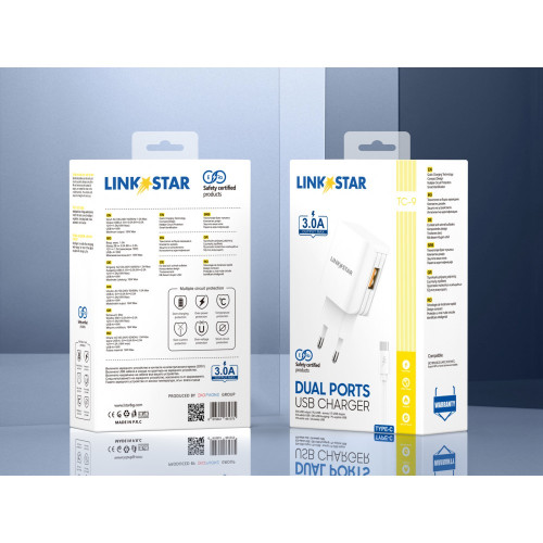 LINK★STAR TC-9 3.0A Бързозаряден USB Адаптер 220V с Type-C кабел - Бял LINK★STAR TC-9 3.0A Бързозаряден USB Адаптер 220V с Type-C кабел - Бял