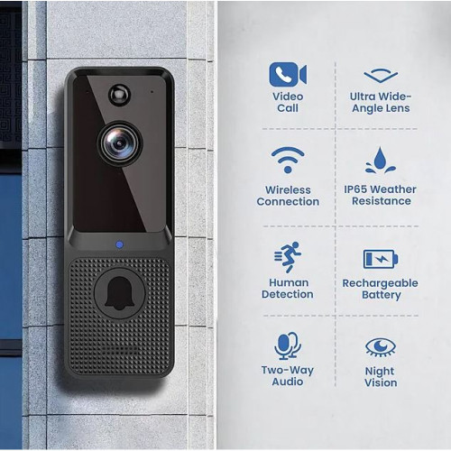 T6 WiFi интелигентен видео звънец с двупосочно аудио, детекция на движение, нощно виждане, приложение за телефон, лесна настройка,1080P