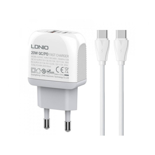 20W LDNIO A2316C С 2 изх. USB+USB-C с кабел Type-C към Type-C 20W LDNIO A2316C С 2 изх. USB+USB-C с кабел Type-C към Type-C