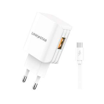 LINK★STAR TC-9 3.0A Бързозаряден USB Адаптер 220V с Lightning кабел - Бял