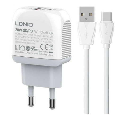 20W LDNIO A2316C С 2 изх. USB+USB-C с кабел USB към Type-C