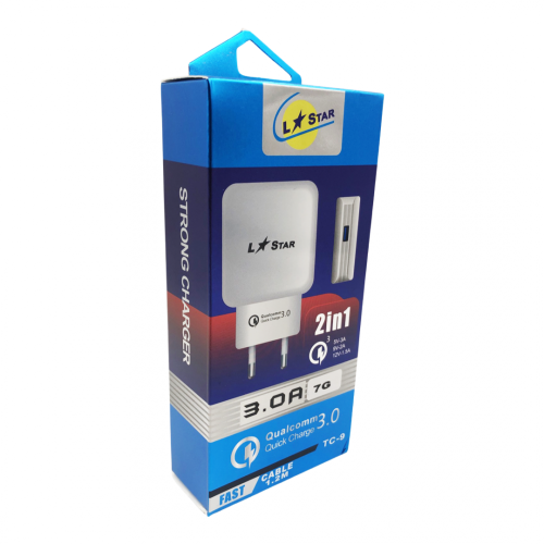 220V TC-9 L✮Star 2в1 3.0A Lightning за телефон Бързо зареждащ - Бял
