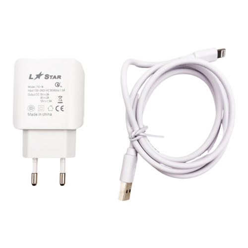 220V TC-9 L✮Star 2в1 3.0A Lightning за телефон Бързо зареждащ - Бял