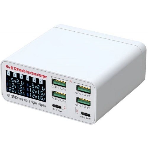 WLX-896C PD+QC Зарядна станция за 6 устройства с дисплей, многопортово зарядно устройство с бързо зареждане, 4×USB QC3.0 и 2×Type-C PD, 72W