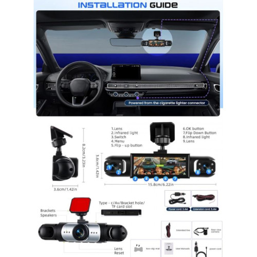 Y108 4-канален видеорегистратор 1080P – 360° Dashcam с GPS, 4 камери, 3.16" дисплей, нощно виждане