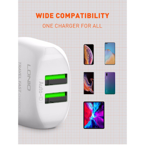 Зарядно устройство LDNIO A2219 2.4A 2 port - USB към Lightning