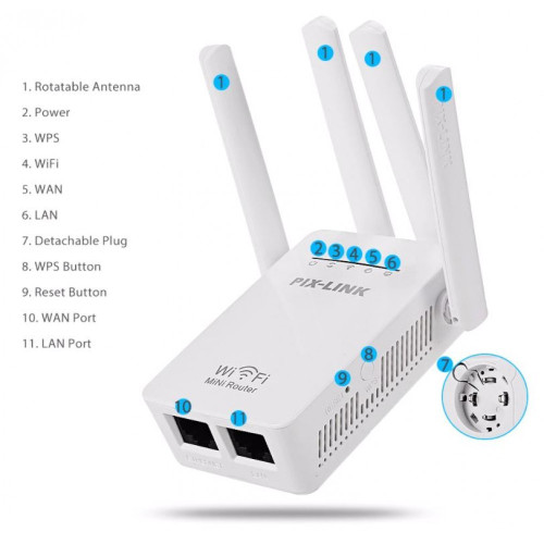 WR09 Безжичен WiFi мрежов WR09 повторител и усилвател PIX-LINK 300Mbps