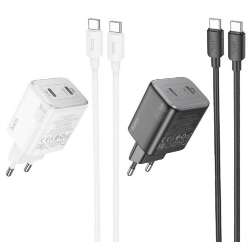 HOCO “N42 Elogiado” Зарядно GaN двоен USB-C PD45W TYPE-C към TYPE-C - Черен