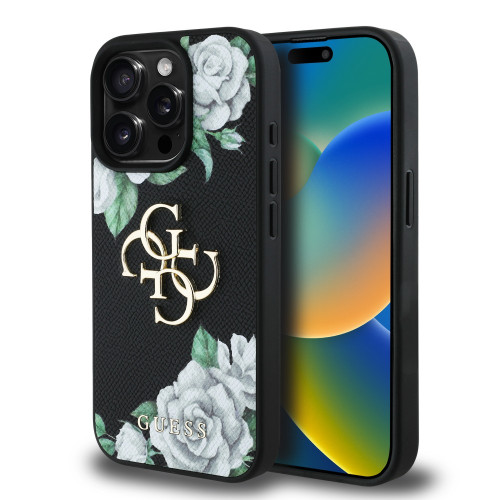 6910 GUESS HC GRAINED PU ROSES AND BIG 4G LOGO BLACK iPhone 15 PRO MAX